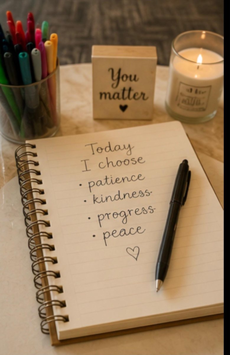 An open journal reading Today I choose patience, kindness, progress, peace