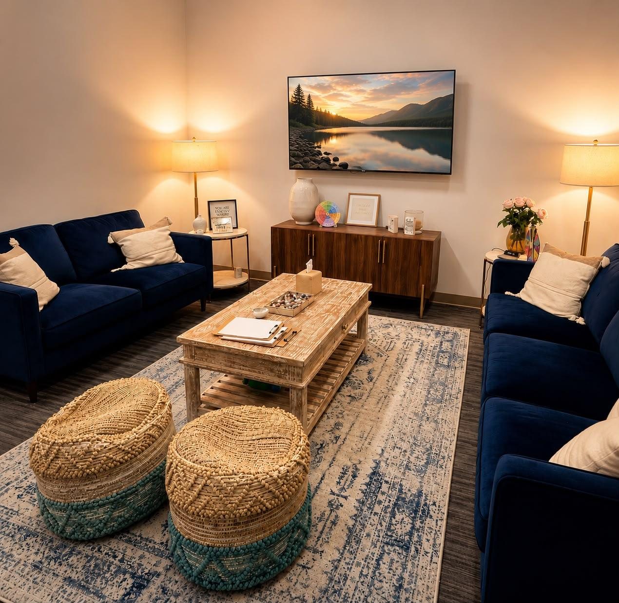 A couples and family room with navy velvet sofas, woven poufs, and warm lamplight