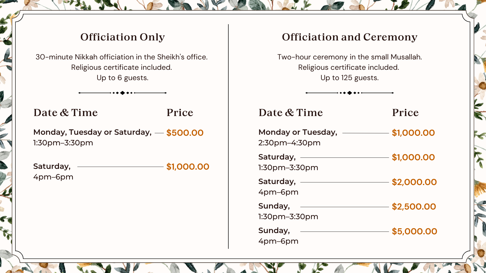 Officiation Pricing Table